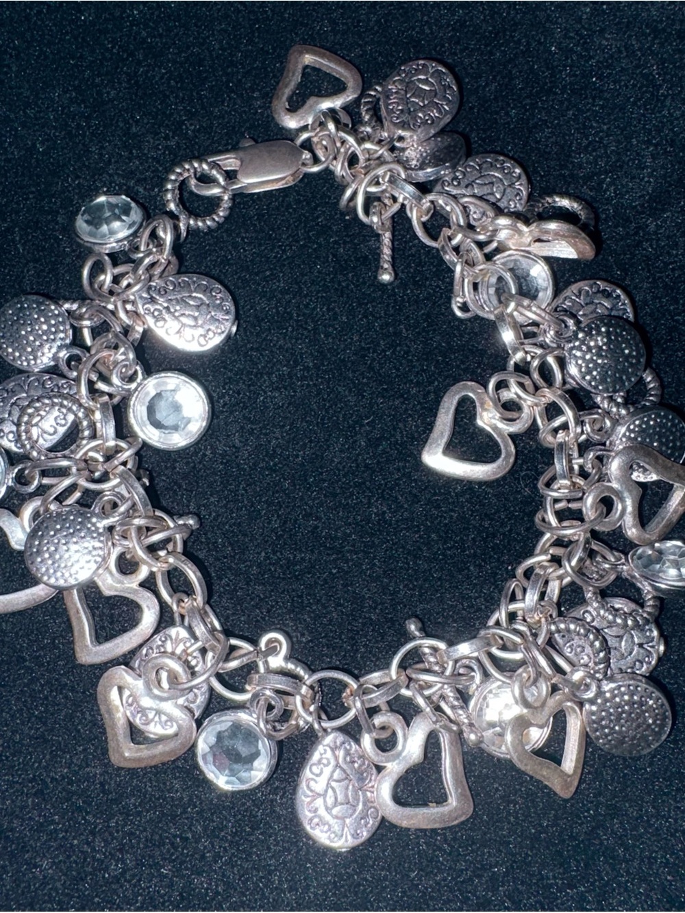 Vintage Style Silver Tone Charm Bracelet Hearts Crystal Charms Chunky 9in 42g